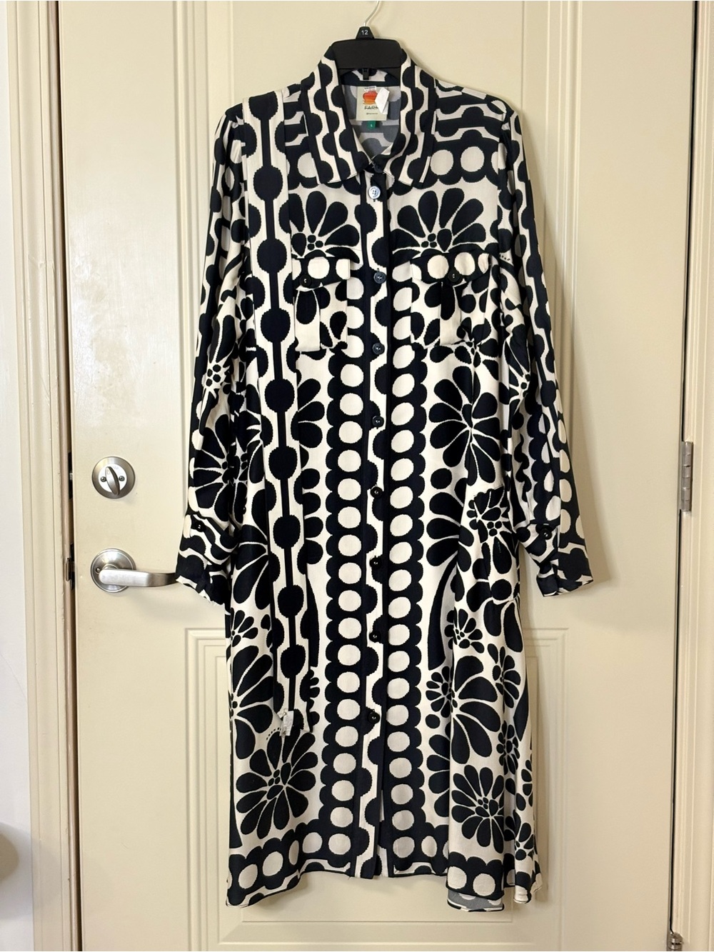 FARM RIO PALERMO Black Ivory Printed Shirt Dress / Belt Tie Waist SZ L EUC $260 - Picture 5 of 16